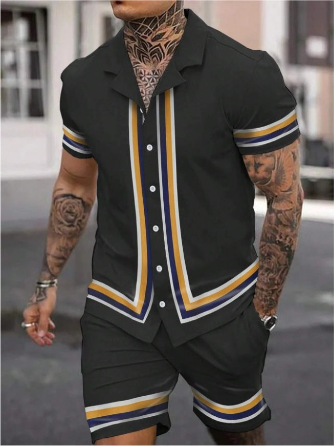 Fashion Men's Cuban Collar Shirt Two-piece Set