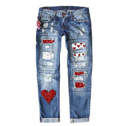 Women's Denim Print Loose High Waist Pocket Wide Leg Pants