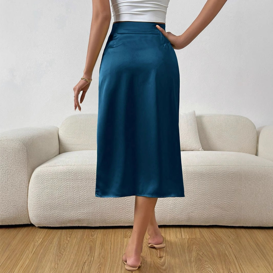 Summer Women Pleated Slit Satin Skirt