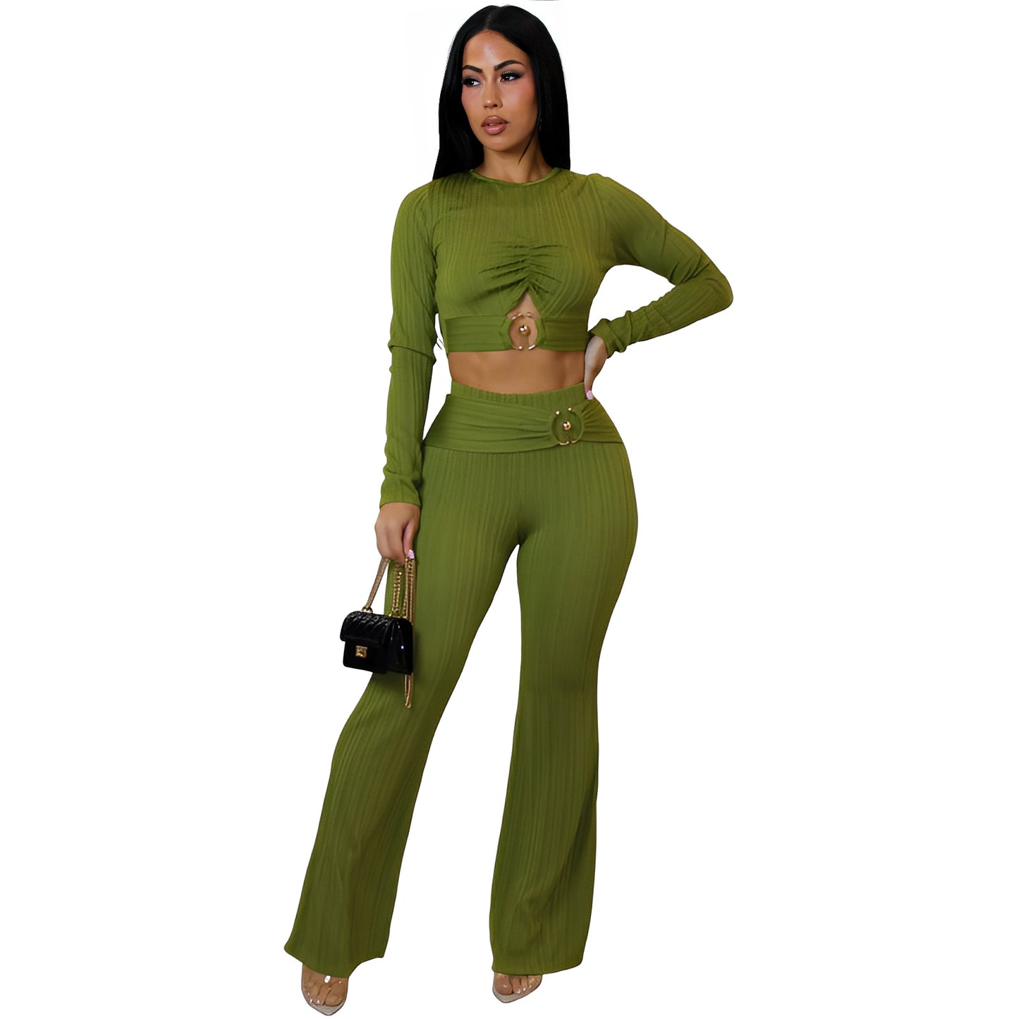 Women's Slim-fit Sexy Hollow-out Top And Flared Pants Two-piece Set