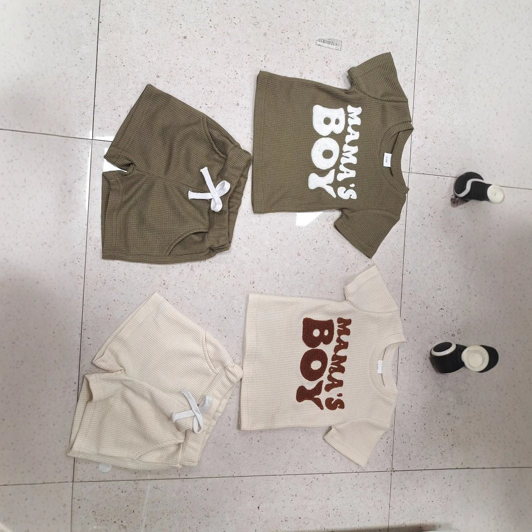 Waffle Towel Embroidery Short Sleeve Shorts Suit - Joker