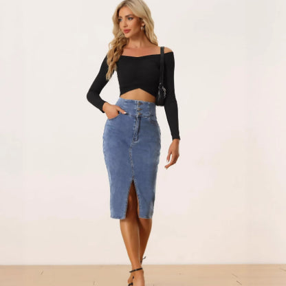 Eleganter Damen High-Waist Denim Rock – Figurbetonter Jeansrock in Navy Blue – Stilvoller Bleistiftrock mit Schlitz & Reißverschluss-Detail