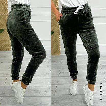 Versatile Women's Jogger Pants With Elastic Waistband And Drawstring, Korean-style Velvet Casual Pants, Sportswear