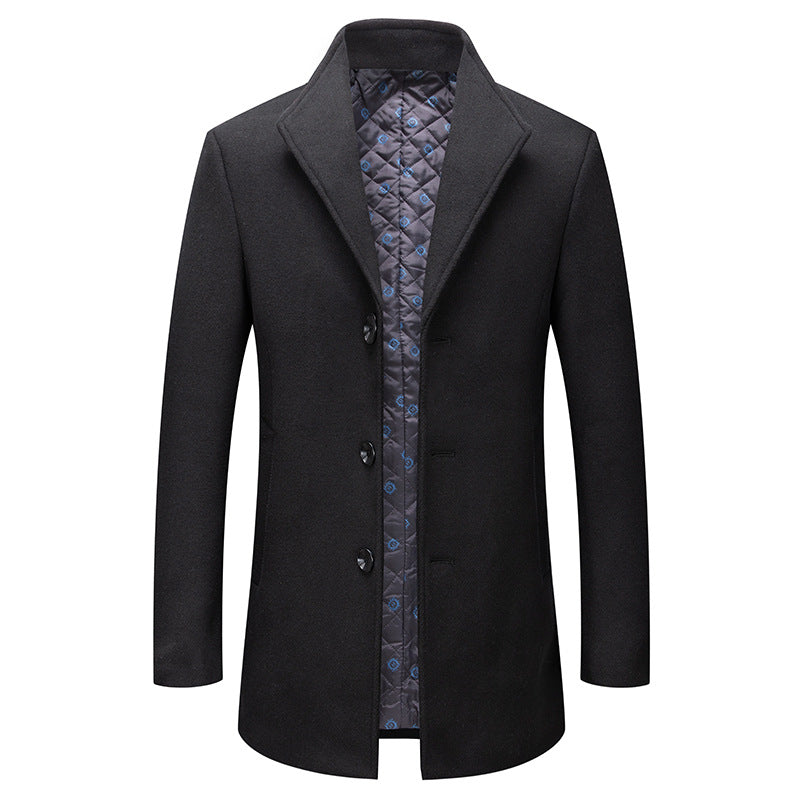 Stand-collar Cotton-lined Wrinkle-resistant Mid-length Wool Coat