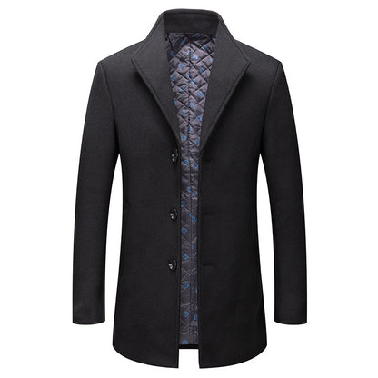 Stand-collar Cotton-lined Wrinkle-resistant Mid-length Wool Coat