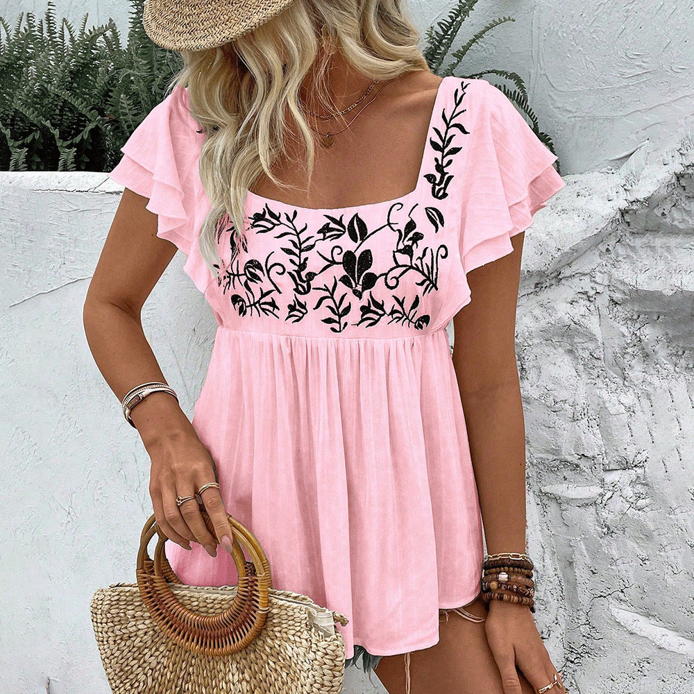 Women's Casual Lace-trimmed Square-neck Embroidered Shirt