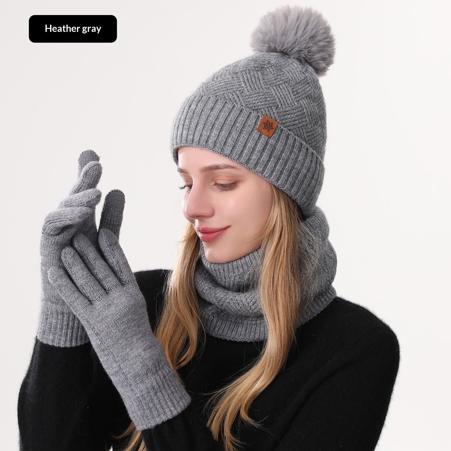 Ladies' Knitted Outdoor Warm Knitted Hat Scarf And Gloves Three-Piece Set