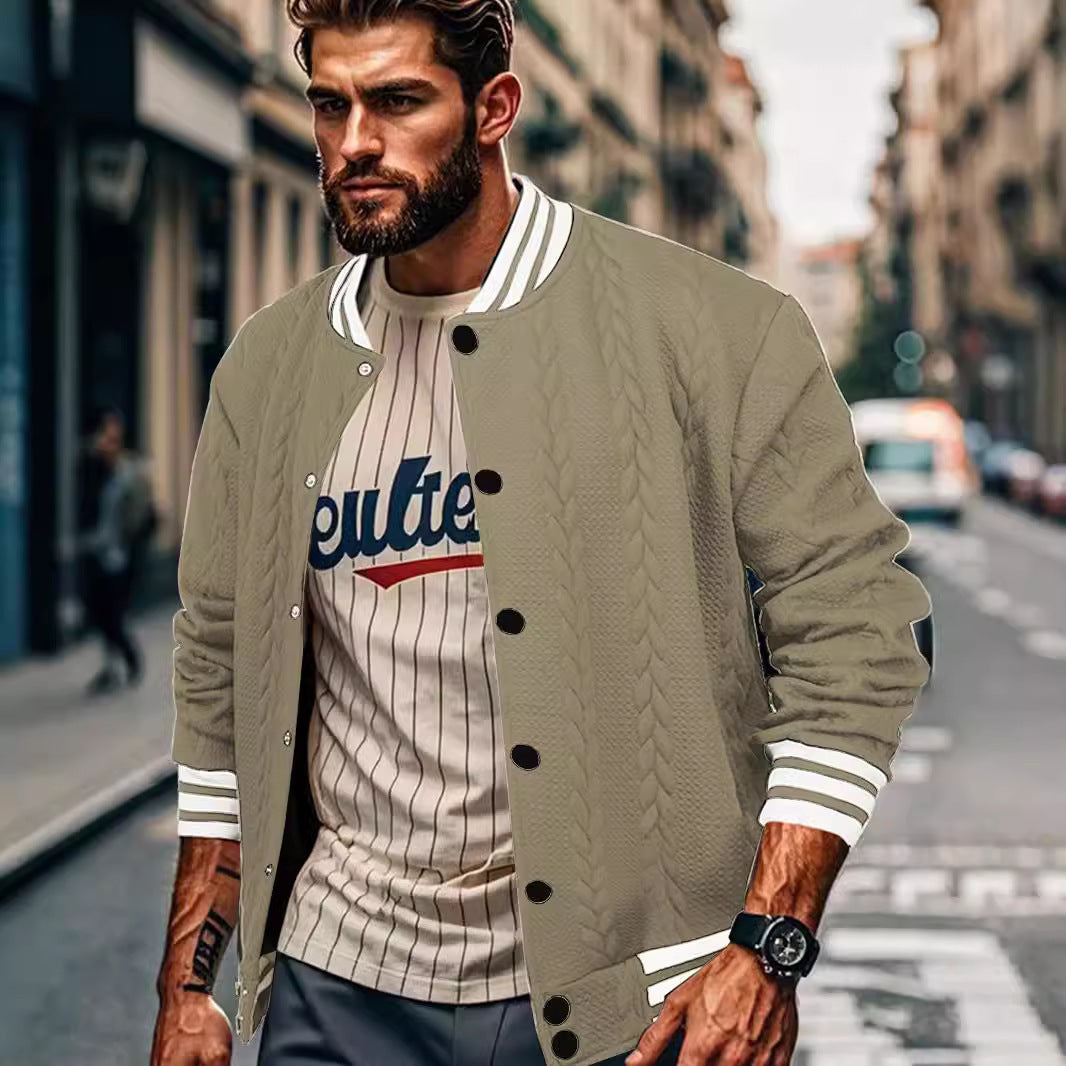 Jacquard Button Design Trendy Fashion Solid Color Men's Cardigan Baseball Jacket