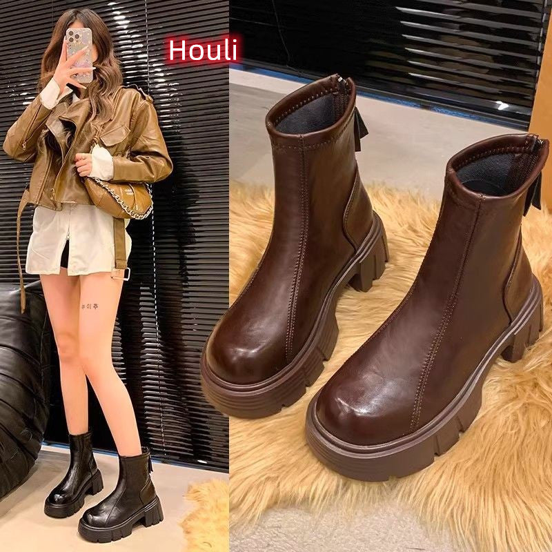 Soft Bottom British Style Skinny Boots Imitation Leather Single Boots Autumn And Winter Small Martin Shoes