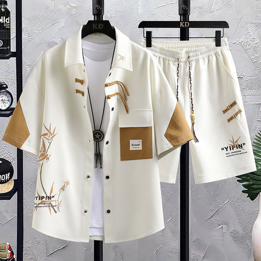 New Chinese Style National Style Suit Men's Summer Short Sleeve Shirt Shorts Wear A Set Of Casual Sports Clothes