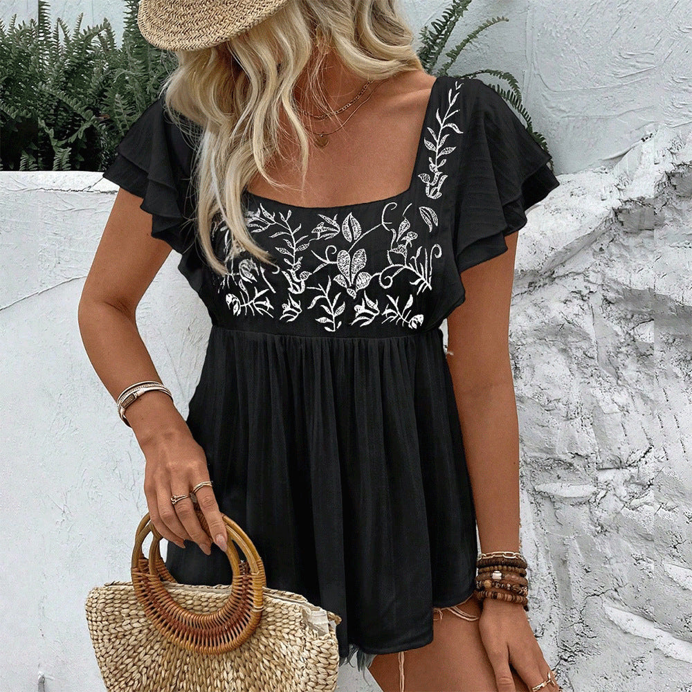 Women's Casual Lace-trimmed Square-neck Embroidered Shirt