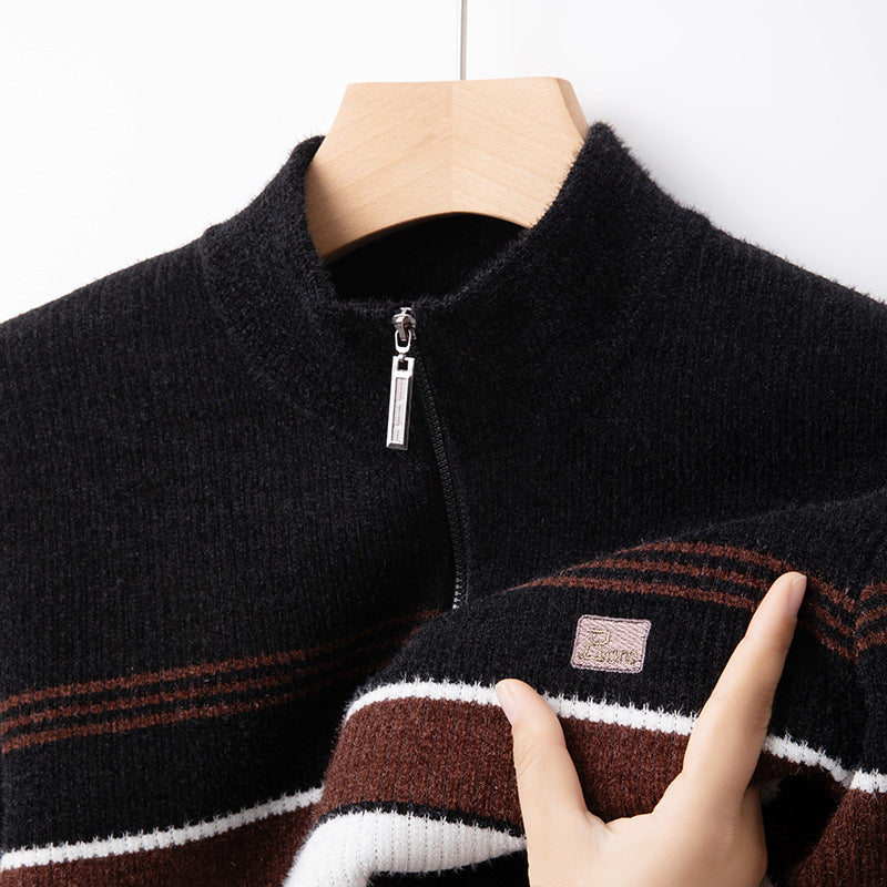 Men's Chenille Half-Zip Fleece- Lined Striped Pullover Sweater